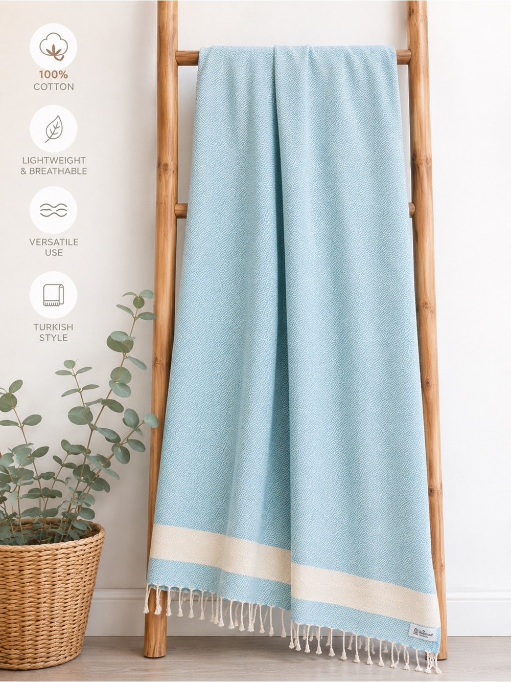 Light Blue and Cream Oversized Turkish-Style Fringe Beach Blanket 100% Cotton